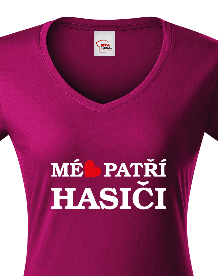 Dámské tričko s výstřihem do V Mé srdce patří hasiči