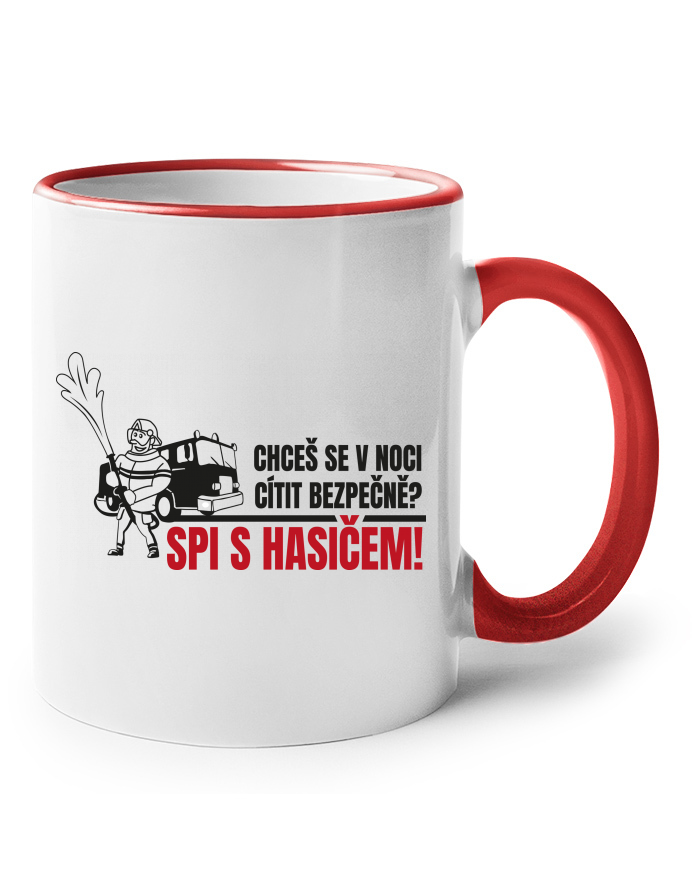 Keramický hrnek s barevným uchem - Spi s hasičem!