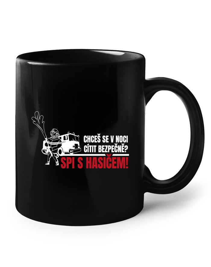 Černý hrnek Spi s hasičem!