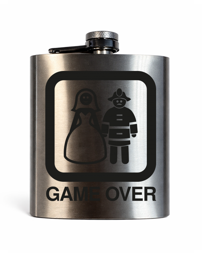 Sada kovové placatky s kalíšky a nálevkou 200 ml – Hasičská svatba Game over