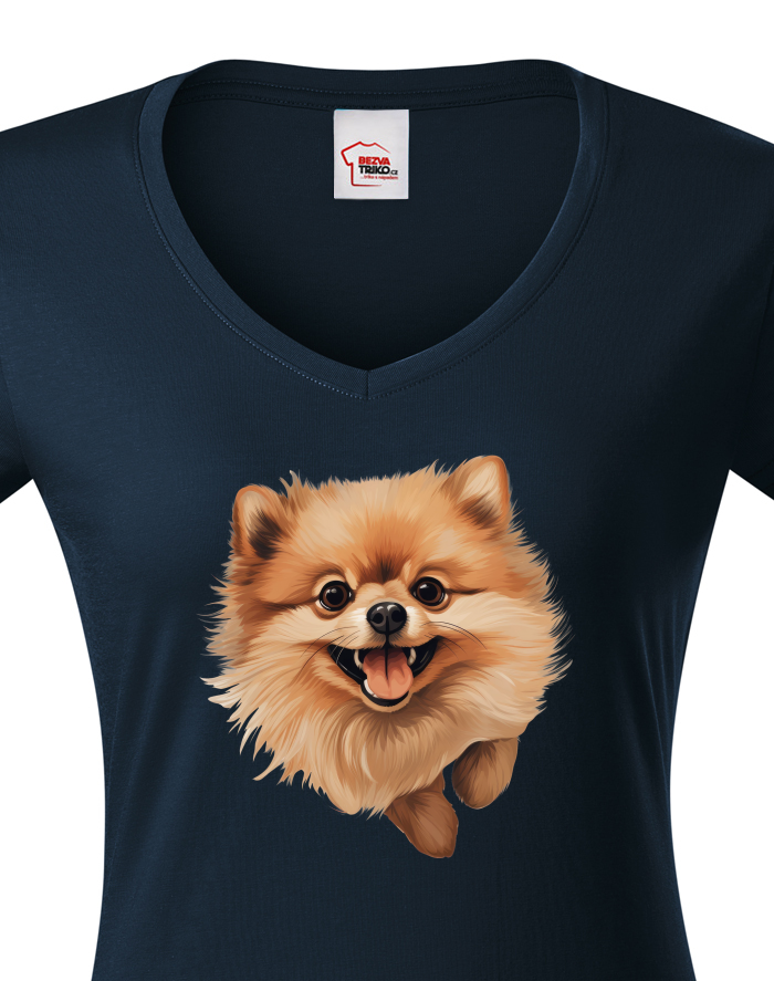 Dámské tričko s výstřihem do V - Pomeranian špic