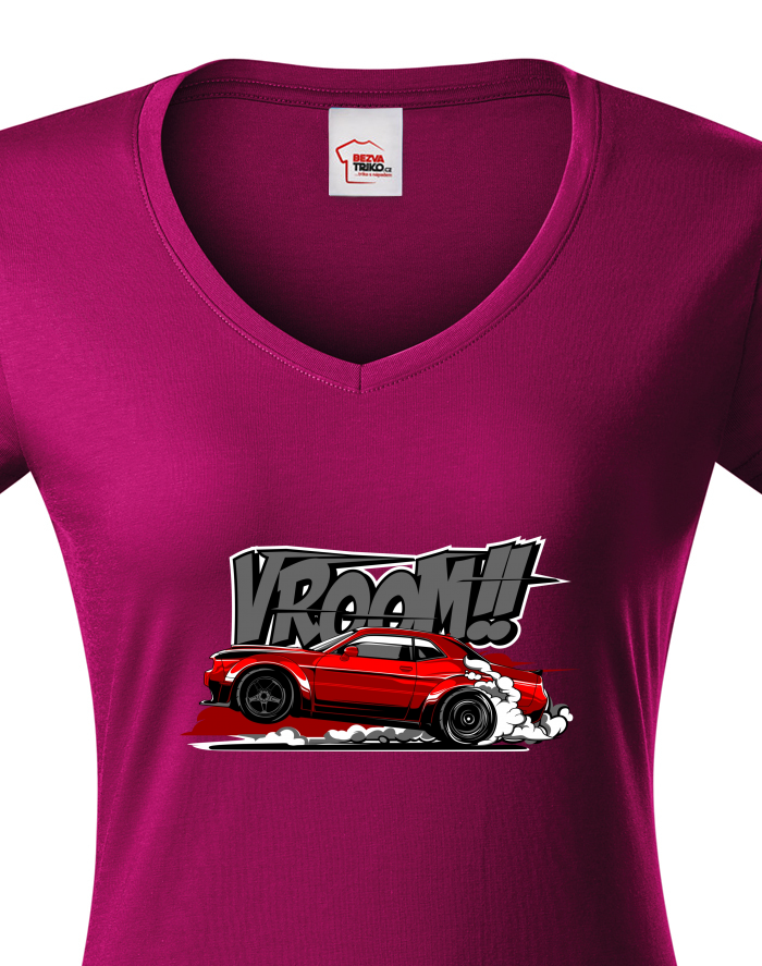 Dámské tričko s výstřihem do V – Dodge Challenger Vroom