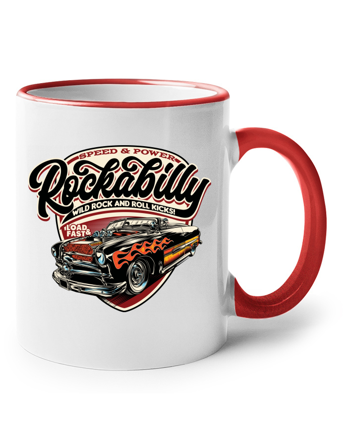 Keramický hrnek s barevným uchem – Rockabilly Speed & Power