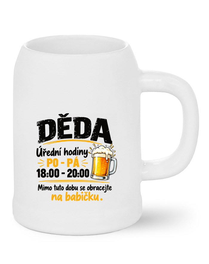 Pivní bílý půllitr Úřední hodiny děda