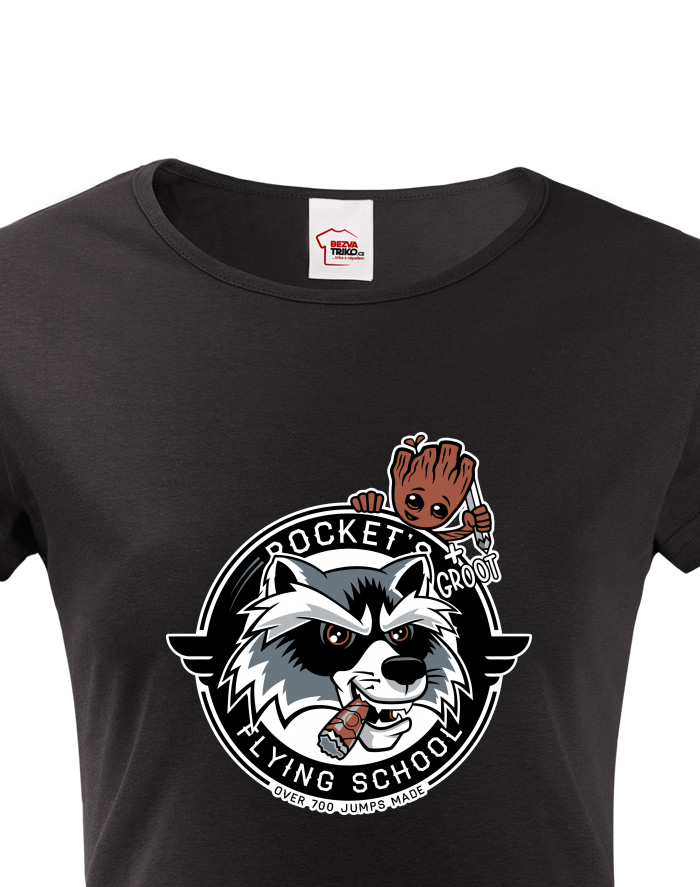 Dámské tričko Rocket Raccoon a Groot – Flying School