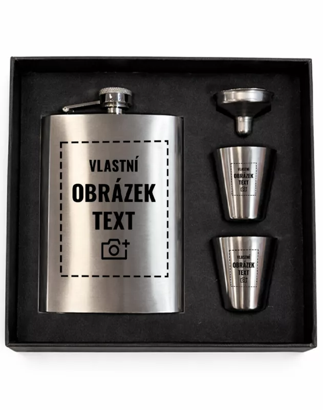 Sada kovové placatky s kalíšky a nálevkou 230 ml s vlastním gravírováním