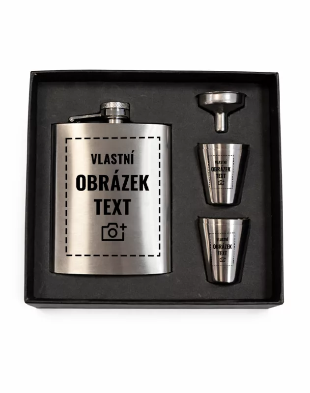 Sada kovové placatky s kalíšky a nálevkou 200 ml s vlastním gravírováním