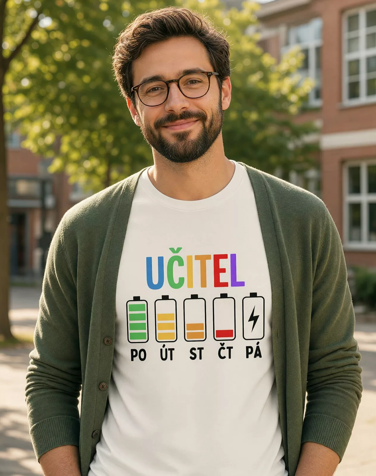 Pánské tričko Učitel – baterky podle dnů v týdnu